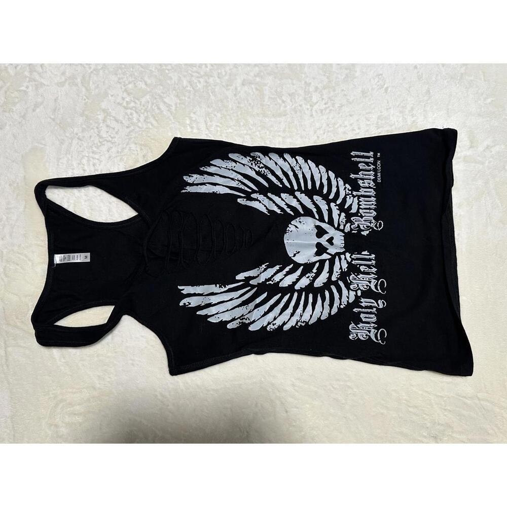 Demi Loon Women’s Biker Racerback Tank Top Holy Hell Bombshell Slashed Medium